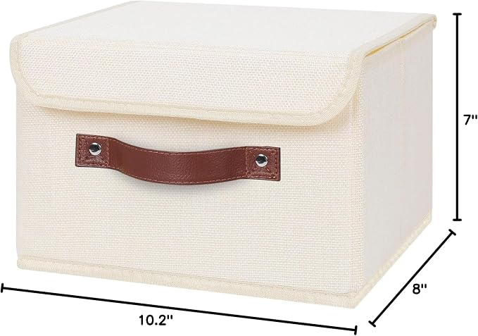 ANMINY 4PCS Storage Bins with Lid PU Leather Handles Storage Boxes PP Plastic Board Decorative Foldable Lidded Cotton Linen Fabric Home Cubes Baskets Closet Organizer Containers - Beige, Small Size - Image 10