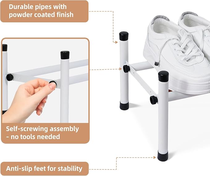 STORAGE MANIAC Expandable Shoe Rack, 4 Pairs Stackable Small Shoe Rack, Metal Adjustable Shoes Organizer for Closet, Entryway, Hallway, Garage, Front Door, Shoes Shelves, White 1 Tier - Image 6