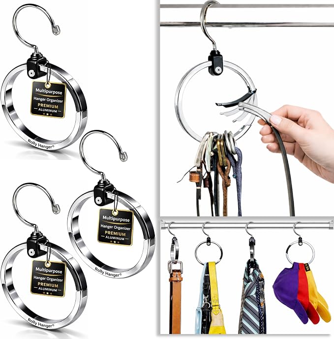 Rolly Hanger® Closet Space Saver – Premium Rotating Aluminum Organizer for Belts, Ties, Hats & Handbags – Heavy Duty 360° Swivel – Declutter & Maximize Storage (3 Pack) by RollyHanger