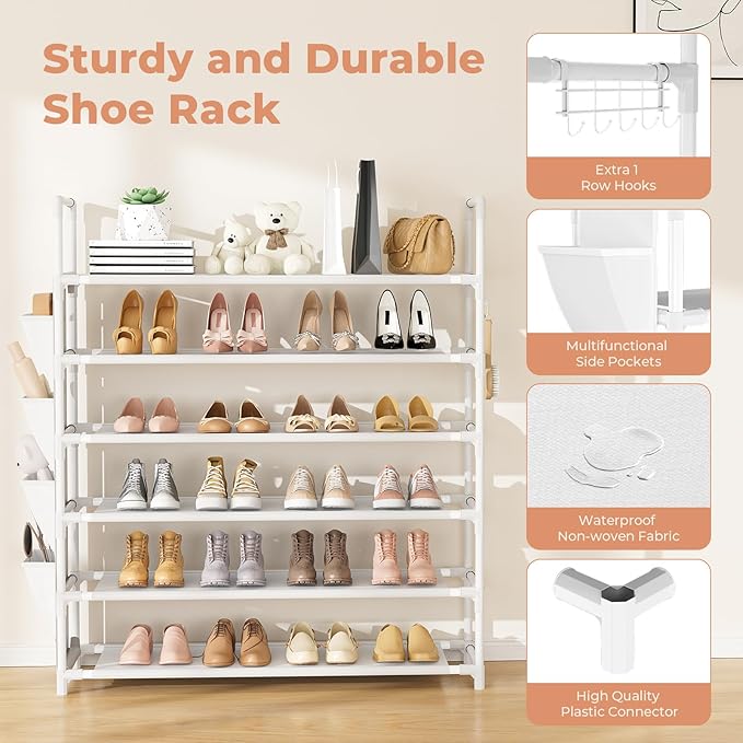 LANTEFUL 6 Tier Shoe Rack Storage for 24-30 Pairs Shoe and Boot, Shoe Organizer with Hook and Side Pocket Free Standing Long Shoe Shelf Tall Shoe Rack Organizer for Closet, Entryway, Dorm, White - Image 4