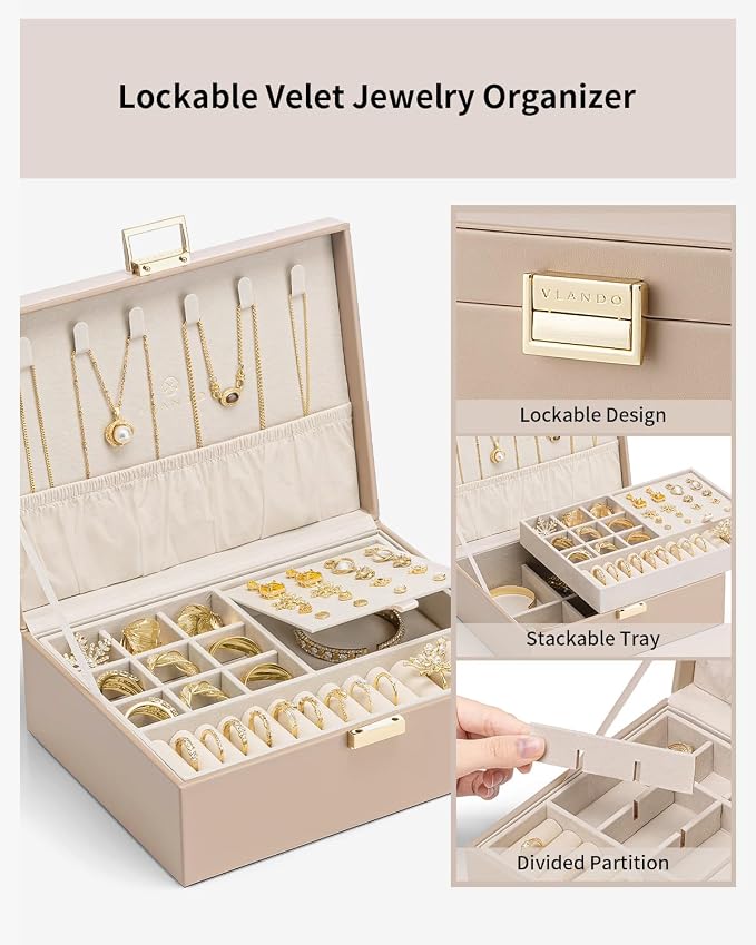VLANDO Jewelry Box for Women, Gift for Women Girls,2 Layer Jewelry Box,Large Jewelry Organizer for Women Removable Jewelery Tray for Necklace Earrings Rings (Toffee) - Image 5