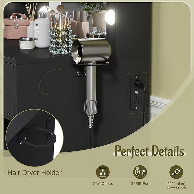 YESHOMY Vanity Desk with Mirror, Makeup Table with 2 Large Drawers, Power Outlet and Round Holder, 3 Color Modes Adjustable Bulb, Bench Included, Pure Black