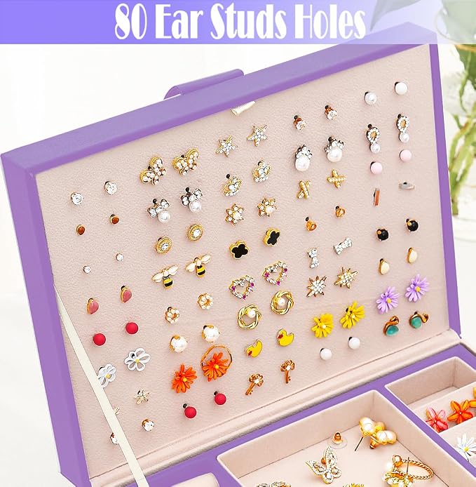 Earrings Jewelry Box for Girls, Large Capacity Jewelry Organizer with 40-Pair Earring Board, 2-Layer Leather Jewelry Storage Box for Necklaces Rings Bracelets with Removable Tray(Gift Idea),Purple - Image 8
