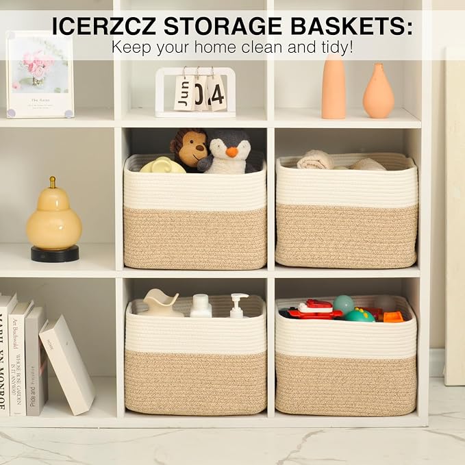 ICERZCZ Storage Baskets for Organizing & Shelves, Woven Cotton Rope Organization Bins for Dog Toys, Clothes, Books, Nursery Organizer, 15" Lx11''Wx9.5''H, (4 Packs) Off White & Brown - Image 6