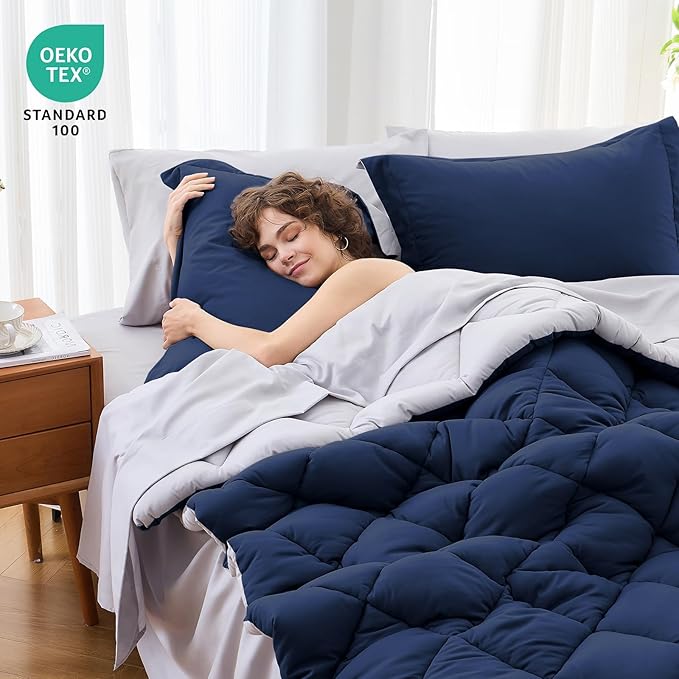 MUXHOMO 7 Pieces Full Comforter Set, Reversible Bed in a Bag Full Size, All Season Bedding Set with Comforter, Flat Sheet, Fitted Sheet, Pillowcases & Shams, Navy & Light Grey