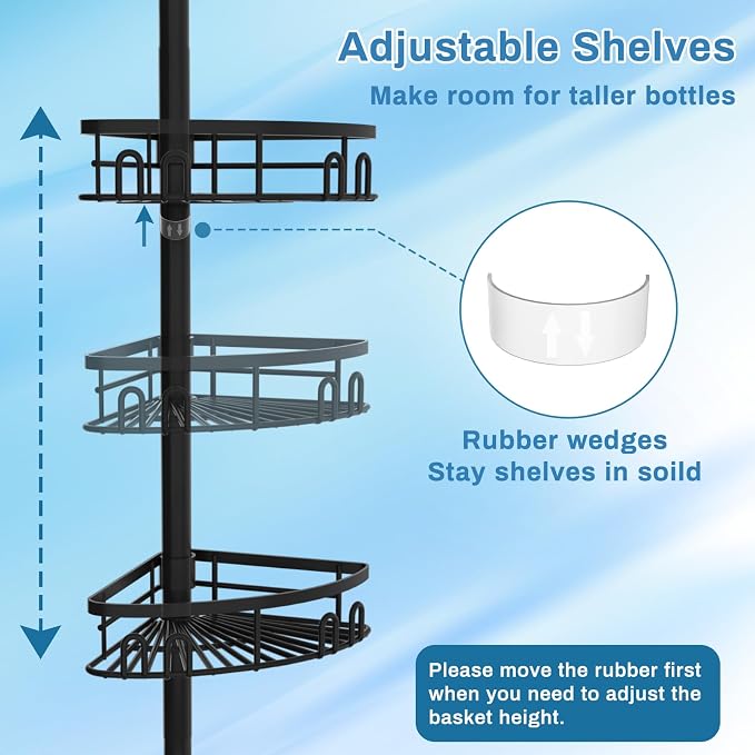 cutefafa Rustproof Corner Shower Caddy Tension Pole, 4 Large Baskets for Bathtub Shampoo Storage Organizer Bathroom Height Adjustable Shelves from 23.6 to 114.5 Inch with Towel Bar - Image 5