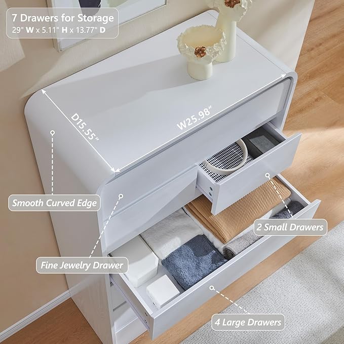Aitjunz Modern 7 Drawers Dresser for Bedroom, 55" Tall Dressers & Chest of Drawers w/Curved Profile Design, Wood Mid Century Vertical Storage Dressers Organizer for Bedroom, Living Room, White
