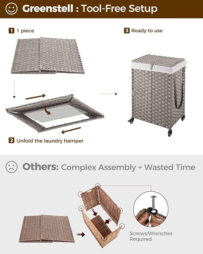 Greenstell Laundry Hamper with Wheels, No Install Needed, 90L Divided Handwoven Hampers & 2 Removable Liner Bags, Rattan Clothes Laundry Basket with Lid & Handles, Foldable Hampers Gray 18x13x26.4 In - Image 7