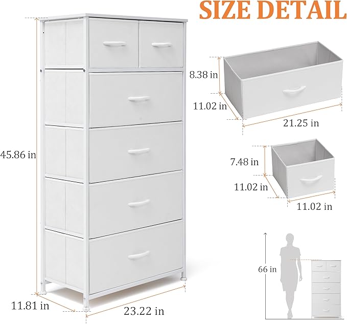 Fabric Dresser for Bedroom, Tall Skinny Dresser with 6 Drawers, Storage Organizer Tower, Steel Frame Wooden Top for Closet, Living Room, Hallway(White) - Image 2