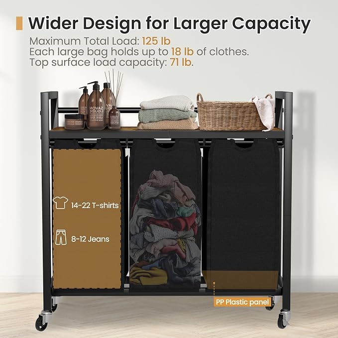 SwaaVee Laundry Hamper, Laundry Basket, Laundry Sorter with 3 Removable Bags, Clothes Basket with 3 Compartments, Wheels, Shelf for Laundry Room Bathroom Bedroom (3 Bags-Black) - Image 4