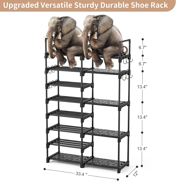 ROJASOP Shoe Rack Organizer, 8-Tier Metal Shoe Rack for Closet Entryway Garage, 26-32 Pairs Tall Shoe Boot Storage Shelf with 15 Hooks, Stackable Large Shoe Stand - Image 3