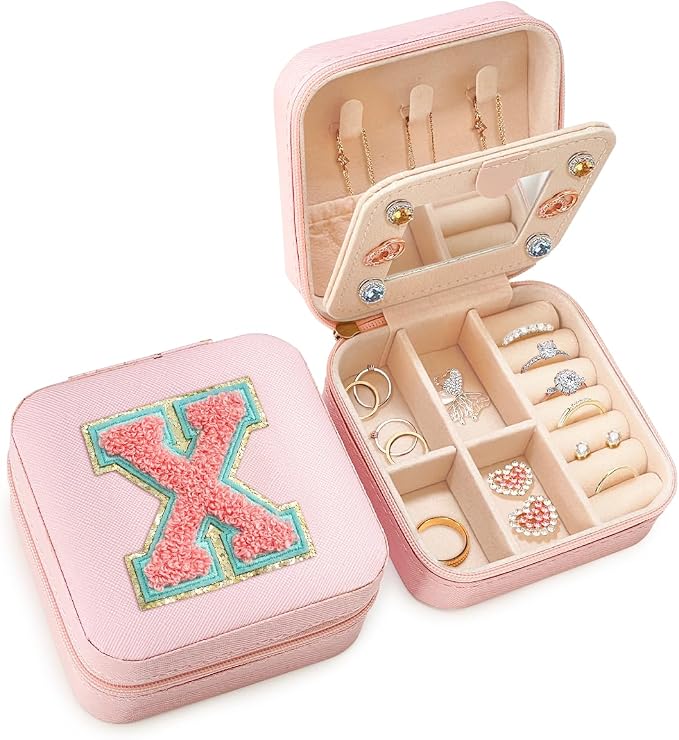 SANDJEST Personalized Jewelry Box, Pink Travel Jewelry Box with Initial X, Small Monogrammed Jewelry Case Organizer for Girls Women Teen Kids, Mini Travel Essentials Gifts for Birthday Christmas by SANDJEST