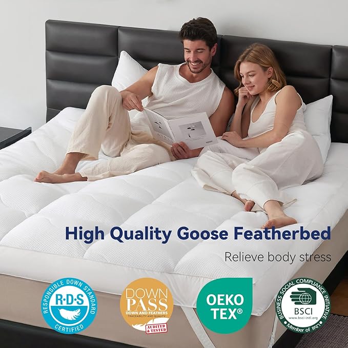 Dual Layer 5 Inch Goose Feather Mattress Topper Twin Size, 4 Inch Goose Feather Plus 1 Inch Down Alternative Pillow Top, Medium Firm Featherbed with Adjustable Straps(39"x75", Wavy)