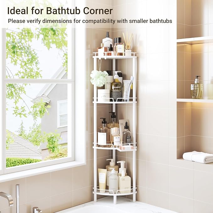 ELYKEN Corner Shower Caddy Standing, 4 Tier Rustproof Metal Shower Organizer with Soap Holder, Floor Shower Corner Shelf Rack Storage Stands with Adjustable Feet & 2 Hooks for Bathroom, White - Image 8