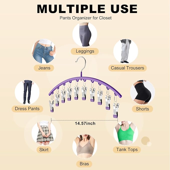Legging Organizer for Closet, Metal Yoga Pants Hanger w/Rubber Coated 1 Pack w/10 Clips Hold 10 Leggings, Hangers Space Saving Hanging for Closet Organizers and Storage-Purple - Image 3