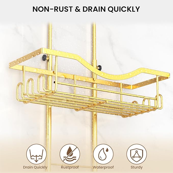 Shower Caddy Hanging Adjustable Shower Caddy, Rustproof Shower Organizer Extended Length Showers Caddy Over Shower Head with Hooks Soap Holder, Large Capacity Anti-Swing Bathroom Organizer, Gold - Image 3