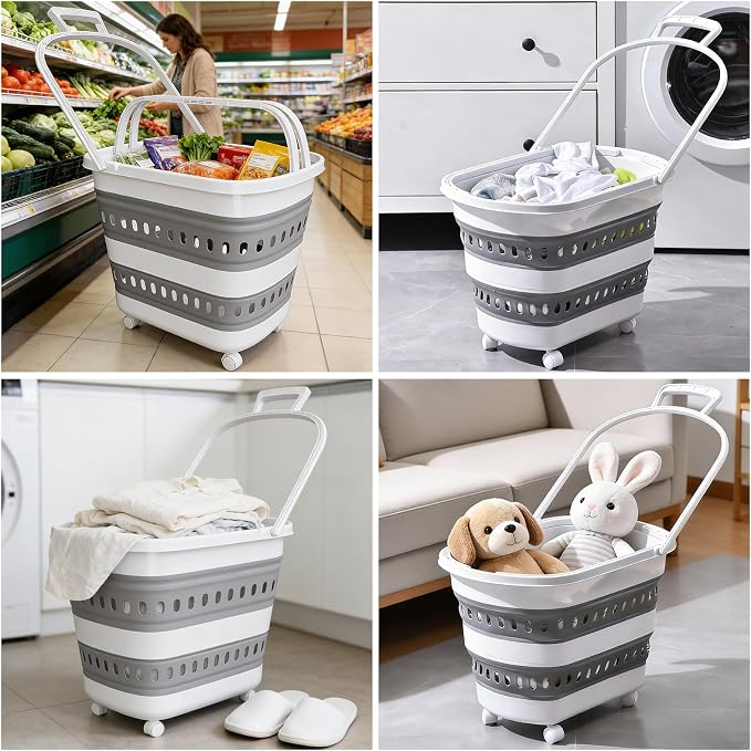 50L Collapsible Plastic Laundry Basket Hamper with Wheels, Foldable Laundry Basket with Handles, Pop Up Storage Container Organizer for Washing Storage - Image 6