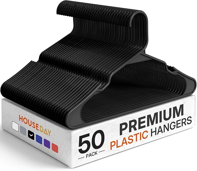 HOUSE DAY Plastic Hangers 50 Pack - Black Clothes Hangers with Non-Slip Shoulder Grooves, Durable and Sturdy Coat Hanger, Space Saving Slim Design Perfect for Closet Organizers and Storage by HOUSEDAY