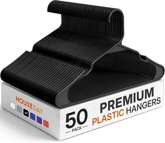 HOUSE DAY Plastic Hangers 50 Pack - Black Clothes Hangers with Non-Slip Shoulder Grooves, Durable and Sturdy Coat Hanger, Space Saving Slim Design Perfect for Closet Organizers and Storage by HOUSEDAY