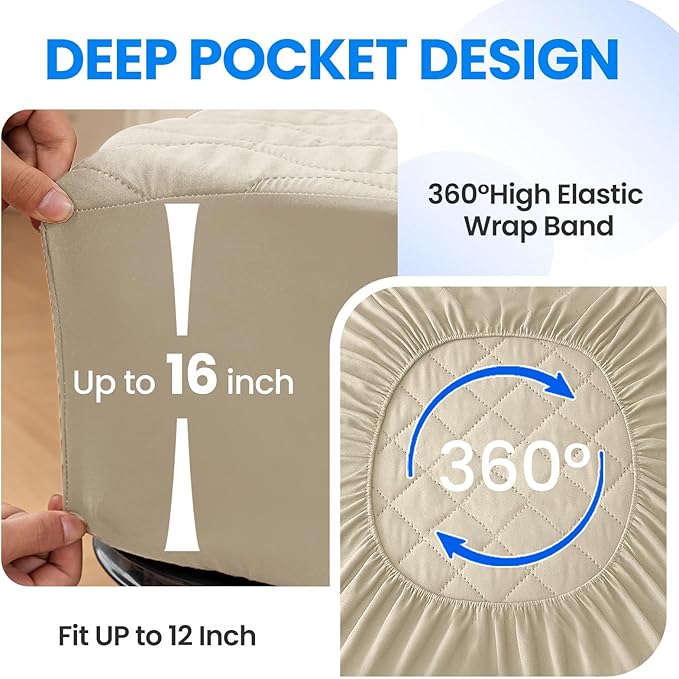 Waterproof Mattress Protector,Full Mattress Protector Fitted Up to 16" Deep Pocket, Soft Breathable Bed Mattress Cover for Bedroom,Doom Room Machine Washable,(Khaki)