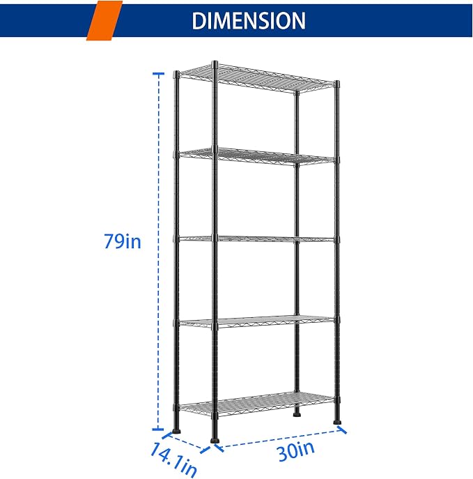 REGILLER 5-Wire Shelving Metal Storage Rack Adjustable Shelves,Standing Storage Shelf Units for Laundry Bathroom Kitchen Pantry Closet(Black,14.1" D x 30" W x 79" H) - Image 3