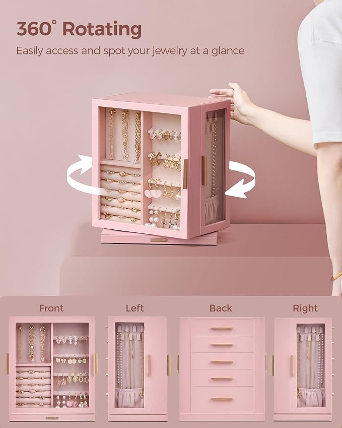 Glimmloop 360° Rotating Jewelry Box with 5 Drawers, Spacious Vertical Jewelry Organizer with Glass Window, Jewelry Storage Case, Dustproof & Moisture-resistant Design, Pink - Image 4