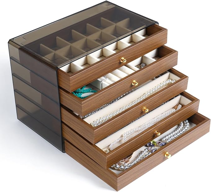 CLUQMEIK 5 Layer Large Wooden Jewelry Box with Acrylic Lid and Wooden Drawers, Stackable Jewelry Organizers and Storage Box for Women and Girls to Storing Rings Earrings Necklaces Bracelets by CLUQMEIK