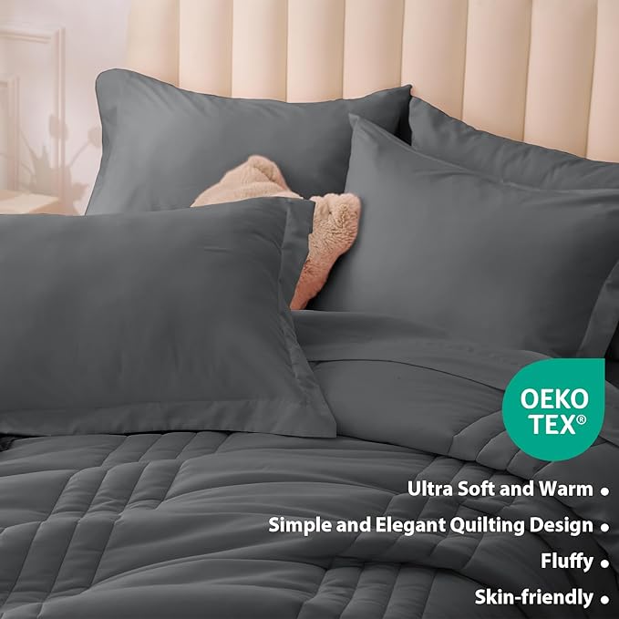 Full Comforter Set Dark Grey - Bed in a Bag Full Size 7 Pieces, Soft Bedding Set for All Seasons, Premium Comforter Set with Comforter, Sheets, Pillowcases & Shams