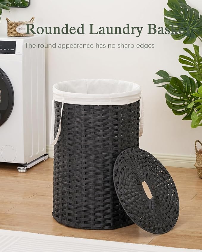 SETVSON Large Laundry Hamper Laundry Basket Round 34.3 Gal (130 L) Handwoven Wicker Laundry Baskets Rattan Laundry Basket with Laundry Bag Handles 2 Mesh Bags for Living Room Bedroom Black - Image 2