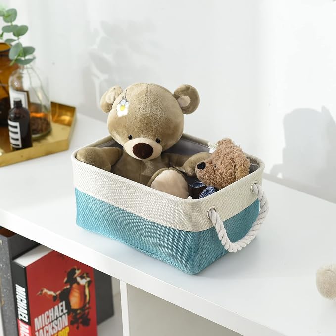 TheWarmHome Fabric Storage Bin with Handles,Storage Basket for Home Storage and Organization, Shelf Basket with Cover for Living Room Bedroom Decor Closet（White & Green,Small ,11.8L×7.9W×5.2H - Image 2