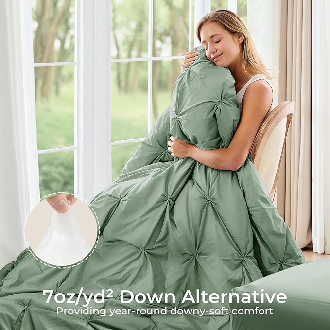 Sasttie California King Comforter Set, 7-Piece Bed in a Bag Cal King, Pintuck Bedding Set for All Season, Includes Comforter, Flat Sheet, Fitted Sheet, Pillowcases and Pillowshams, Sage Green