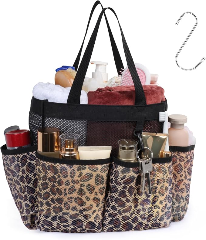 F-color Shower Caddy Portable - Mesh Shower Bag Basket Tote for College Dorm Room Essentials Bathroom Gym Camp Quick Dry for Women Men with S Hook, Leopard by F-color