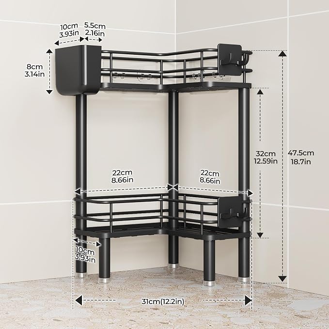 Orimade Rustproof 2 Tier Floor Standing Corner Shower Caddy Organizer with Toothbrush Holder, Large Spacing Floor Shower Shelf Rack Storage Stands with Hooks for Bathroom Kitchen, Black - Image 2