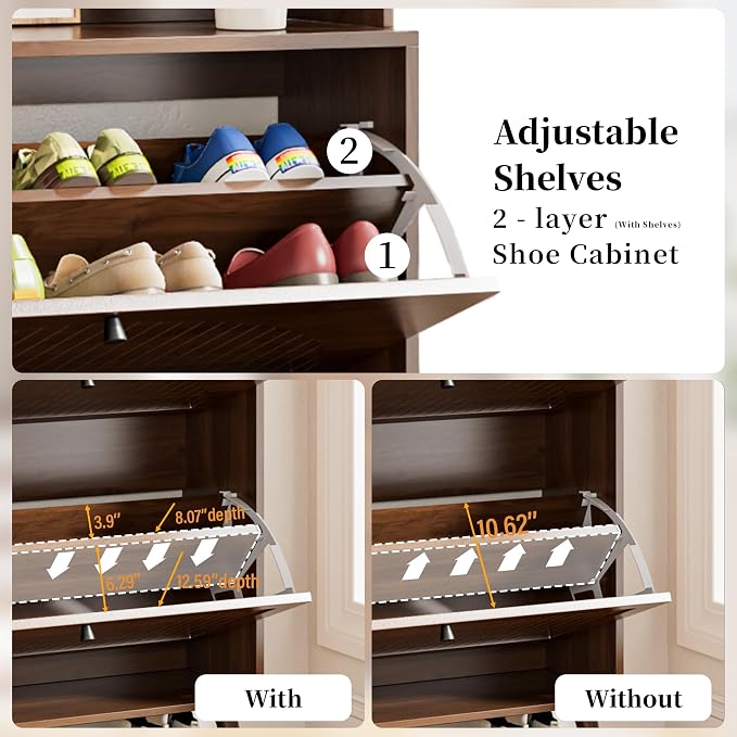 Fsbecl Shoe Cabinet for Entryway with 2 Flip Drawers & Coat Rack, Narrow Hidden Shoe Storage Cabinet with Fluted Panel, 2-in-1 Hall Tree Slim Freestanding Shoe Rack Organizer for Hallway, Walnut - Image 5