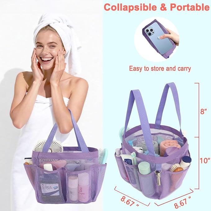 Fammart Mesh Shower Caddy Portable for College Dorm Room Essentials, 8-Pocket Large Shower Basket Tote Bag with 2 Handles for Toiletry, Bathroom, Beach, Camp, Gym - Image 2
