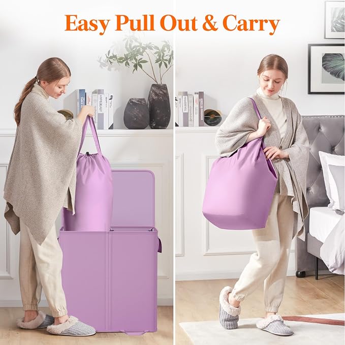 Lifewit Double Laundry Hamper with Lid and Removable Laundry Bags, Large Collapsible 2 Dividers Dirty Clothes Basket with Handles for Bedroom Laundry Room Closet Bathroom College, 136L Purple - Image 4
