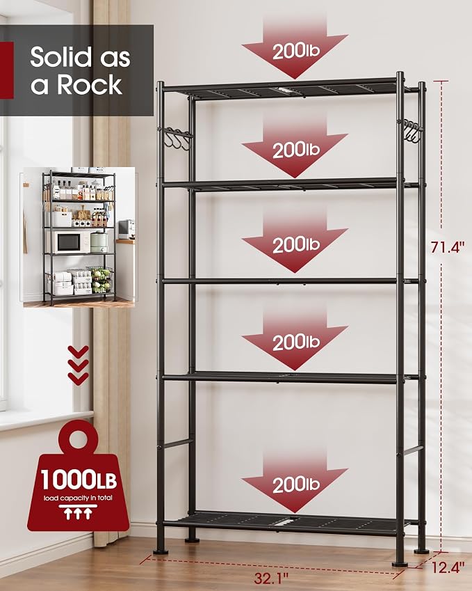 Sakugi Storage Shelves - 5-Tier Large Capacity Shelf Organizer with Hooks, Heavy-Duty Garage Shelving with Leveling Feet, Wobble-Free Rack for Bedroom, Balcony, Garage, 32.1"×12.4"×71.4", Black - Image 3
