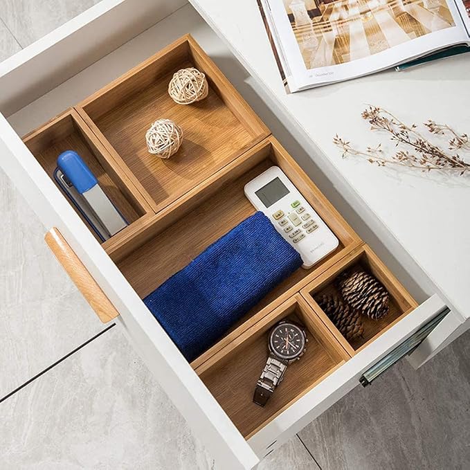 Lawei Set of 5 Bamboo Drawer Organizer Boxes, Desk Storage Box Kit, Drawer Storage Containers Tray Bins for Office, Kitchen, Bedroom, Children Room, Craft, Sewing - Image 4