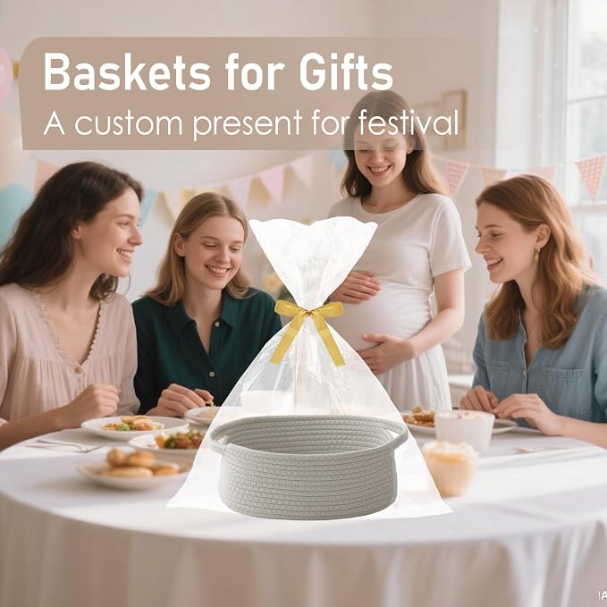 JMvicyroam Woven Basket,Small Rope Storage Bin with Handles & Ribbon Bag, Organizer for Shelves Closets,Gift Basket Empty for Birthday,Books,Dog Toys, Grey/2 Pack - Image 4