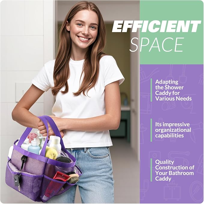 LOYEE Mesh Shower Caddy Portable for College Dorm Room Essentials with 8 Pockets, Shower Bag for Beach, Swimming, Gym, Travel, Bathroom(All purple) - Image 6