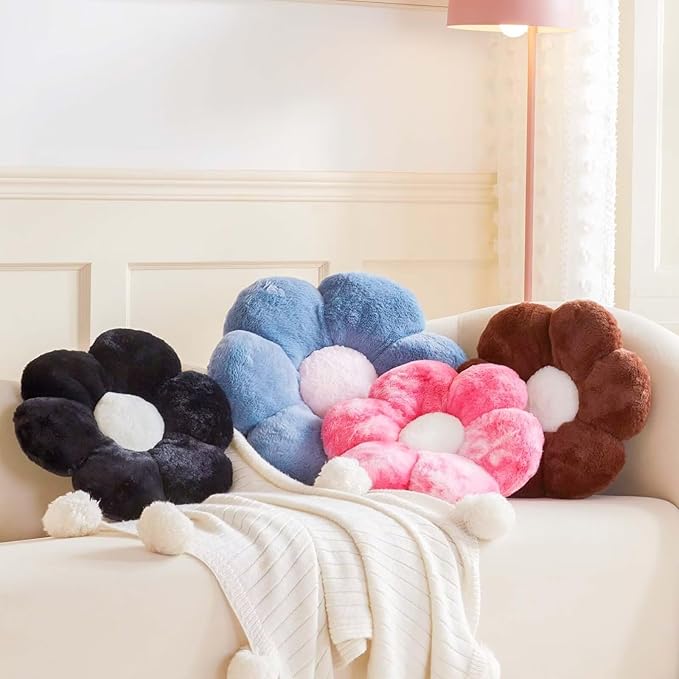 Kcvvcr Brown Flower Pillow Cute Decorative Flower Throw Pillow with Faux Rabbit Fur 19.6" Soft Daisy Plush Floor Cushion Aesthetic Room Decor for Bed Sofa Couch