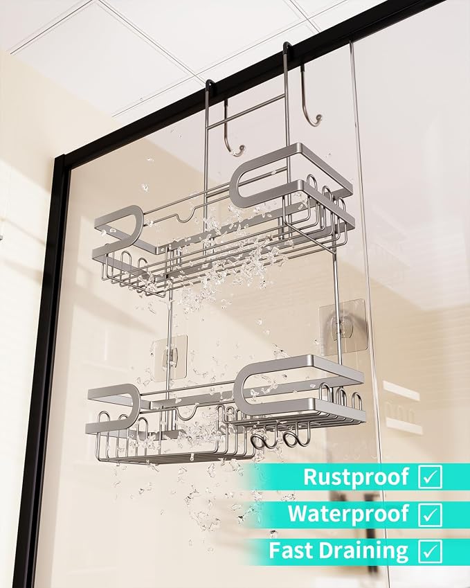 HapiRm Shower Caddy over Door- Hanging Shower Organizer with 14 Hooks and Soap Holder, Rustproof & Waterproof Stainless Steel Bathroom Shelf - Brushed Nickel - Image 4