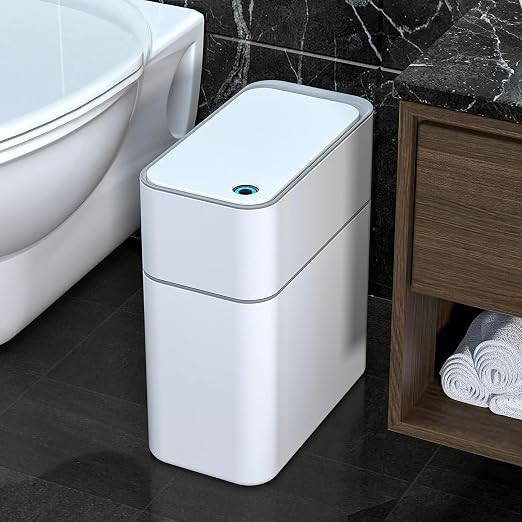 MOPALL Small Bathroom Trash Cans with Lids,Motion Sensor Bathroom Trash Can,Narrow Waterproof Plastic 3.5 Gallon Automatic Adsorption Touchless Garbage Can,White by MOPALL