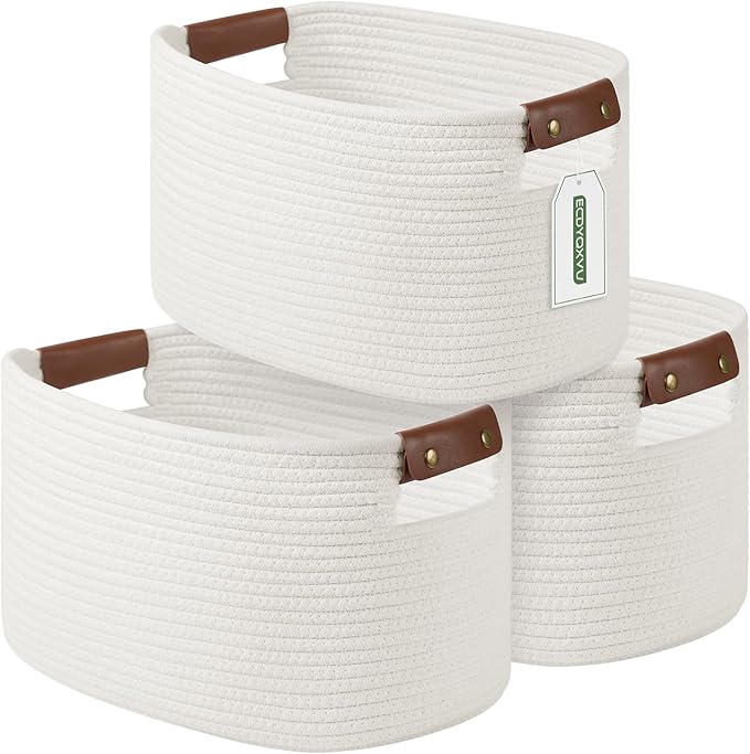 ECDYQXVU Cotton Rope Basket, Storage Baskets with Handle, 15x10x9 Inch Woven Basket for Shelves, Laundry, Towels, Clothes, Books (White 3Pack) by ECDYQXVU