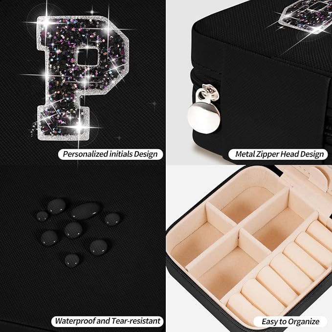 Uygafly Travel Jewelry Case - Personalized Jewelry Box for Women,Small Jewelry Organizer Cute Jewelry Organizers and Storage Aesthetic,Travel Essentials Birthday Gifts for Girls Women | Black,P - Image 4