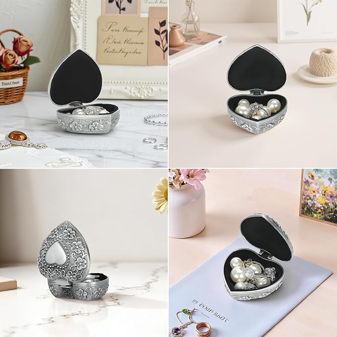 Vintage Metal Jewelry Gift Box, Small Heart Shape Trinket Storage Organizer Case for Ring/Earrings/Necklace/rosary, Keepsake Treasure Holder Box for Bedside Dresser Decorative (Style 1) - Image 7