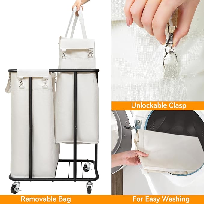 WOWLIVE Double Laundry Hamper with Wheels 170L Rolling Laundry Basket Organizer Laundry Cart with Steel Frame and Removable Bags Large Dirty Clothes Hamper Dorm Room Storage for Bedroom (Beige) - Image 6