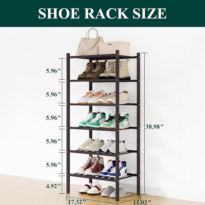 Smiry Shoe Rack, 6 Tier Small Bamboo Shoe Organizer, Stackable Free Standing Wooden Shoe Storage Shelf for Closet, Entryway, Front Door Entrance, Brown - Image 2