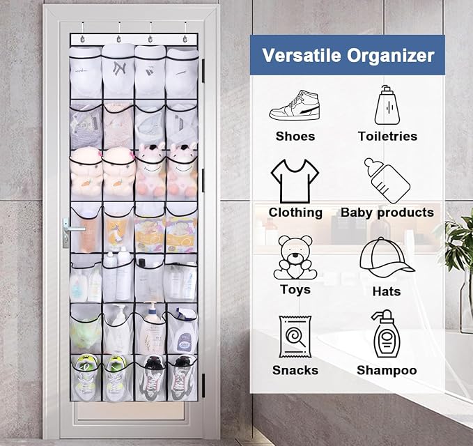 MISSLO 28 Large Pockets Over The Door Shoe Rack Hanging Shoe Organizer for Closet Door Shoe Storage Holder Mesh Hanger, White - Image 6