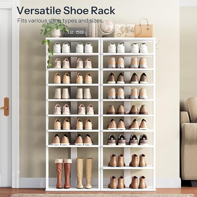 HOOBRO 10 Tiers Vertical Shoe Rack, Wooden Shoe Storage Organizer with Hooks, Narrow Shoe Tower for 20 Pairs, Space Saving, for Entryway, Living Room, Bedroom, White WT140XJ01 - Image 4